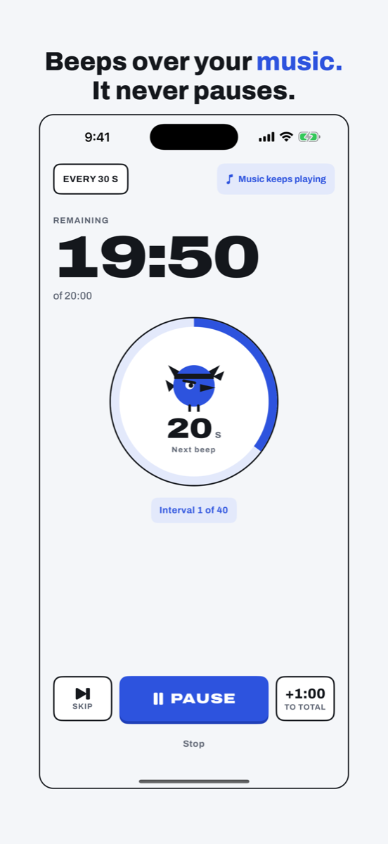 Overtone running a 20-minute timer with a beep every 30 seconds